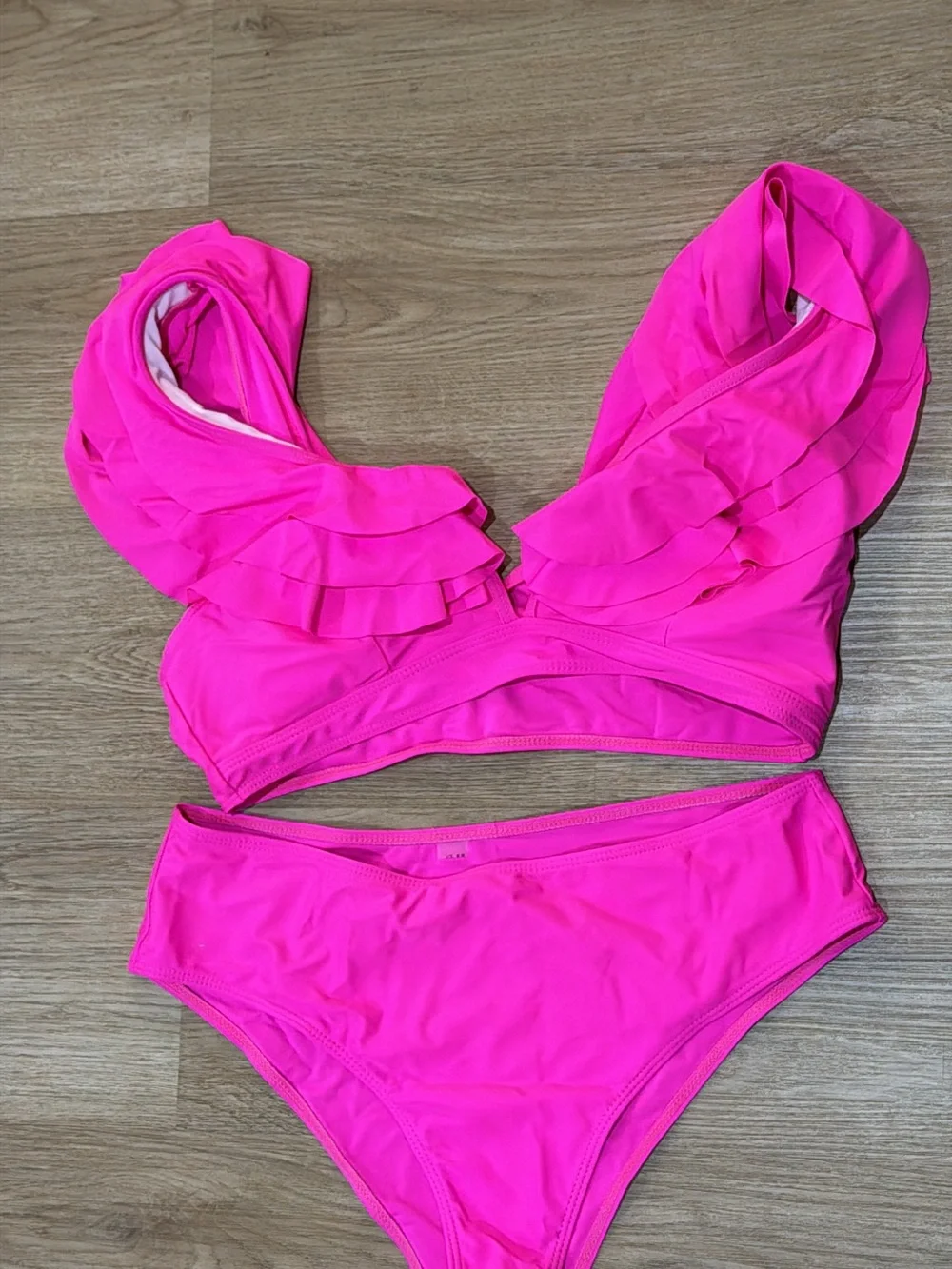 Amazon Women’s Ruffled V-Neck Bikini Set in Neon Pink